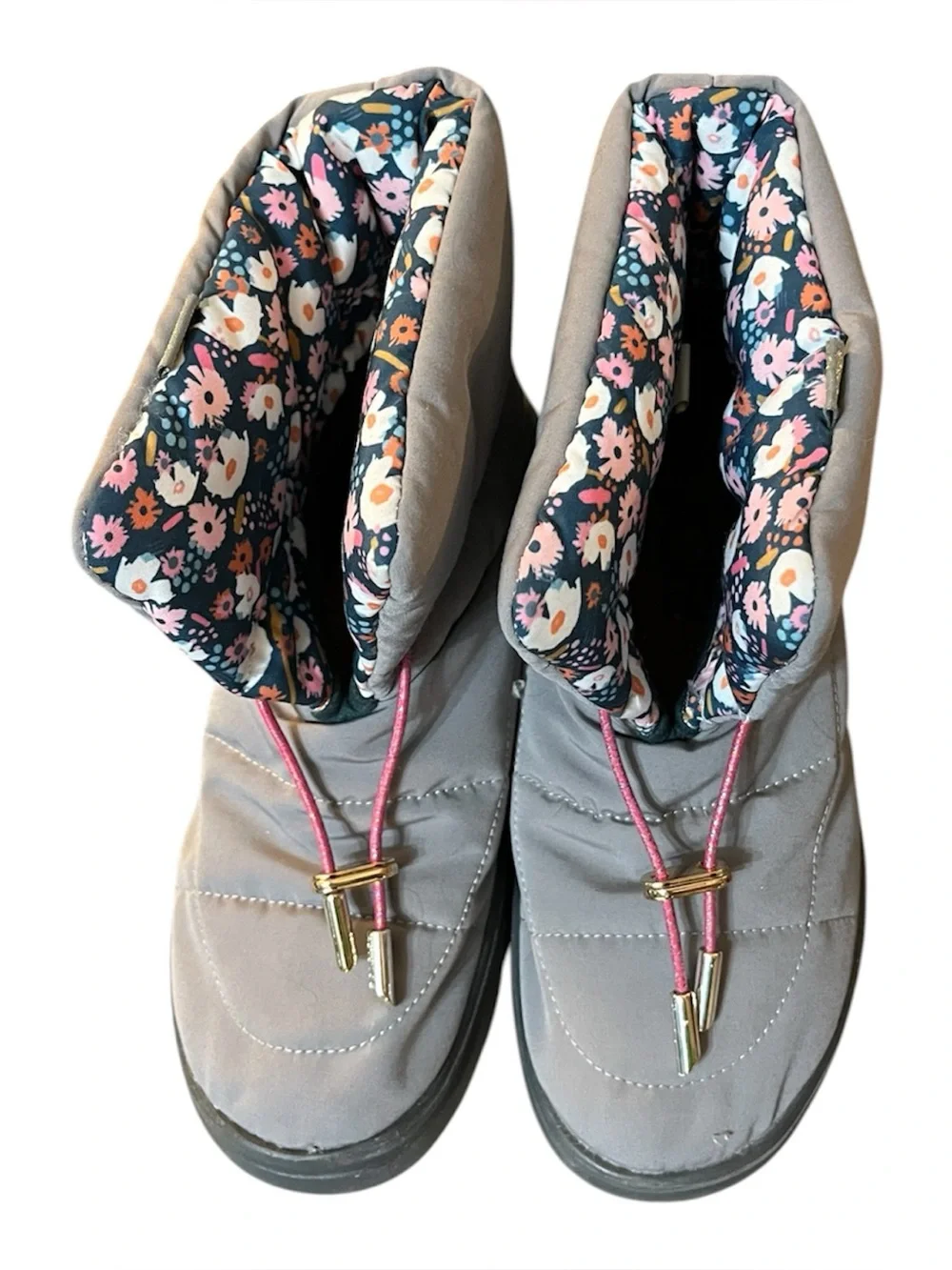 Hey Dude Gray Winter Rain Boots with Floral Lining and Pink Accents